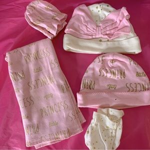 Baby Girl Gerber Princess Lot, 2 Newborn Hats, 2 Sets of Mittens & 1 Burp Cloth